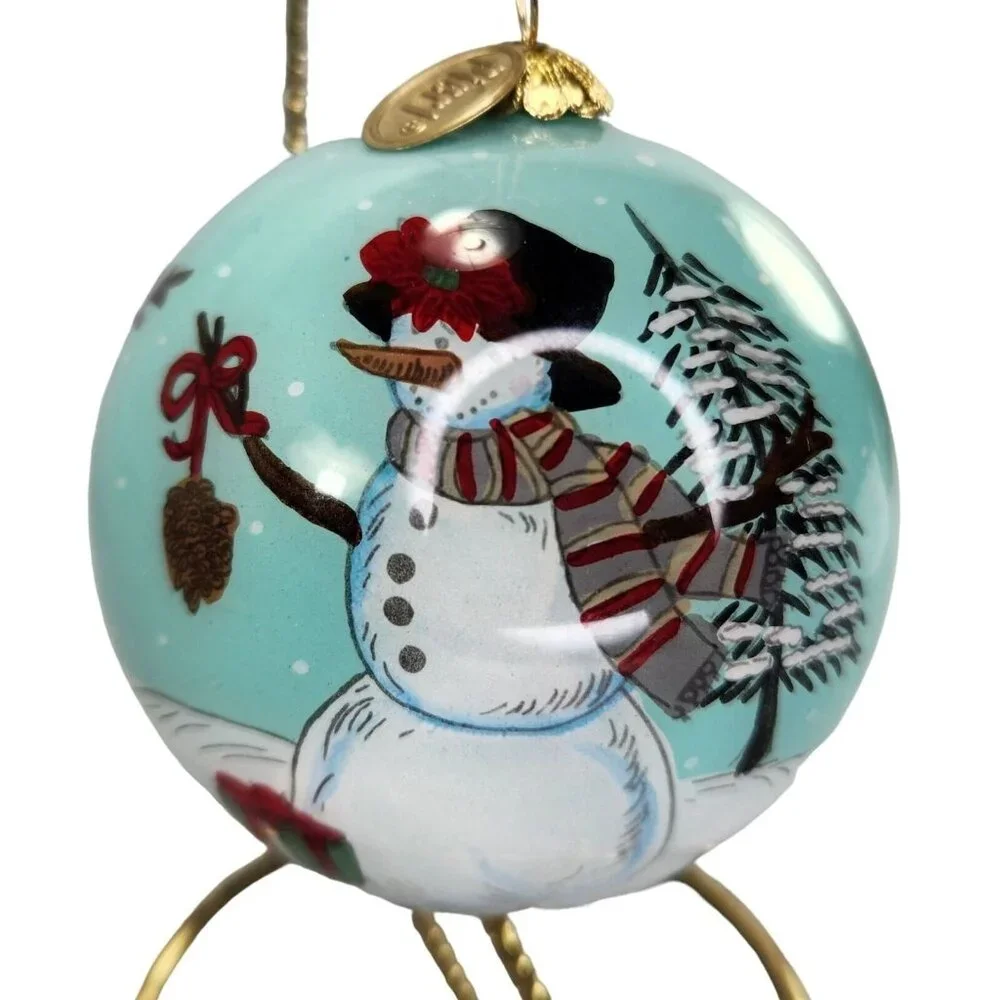 Pier 1 Li Bien Scenes‎ of a Snowman Ornament Round Handpainted Glass Xmas Box
